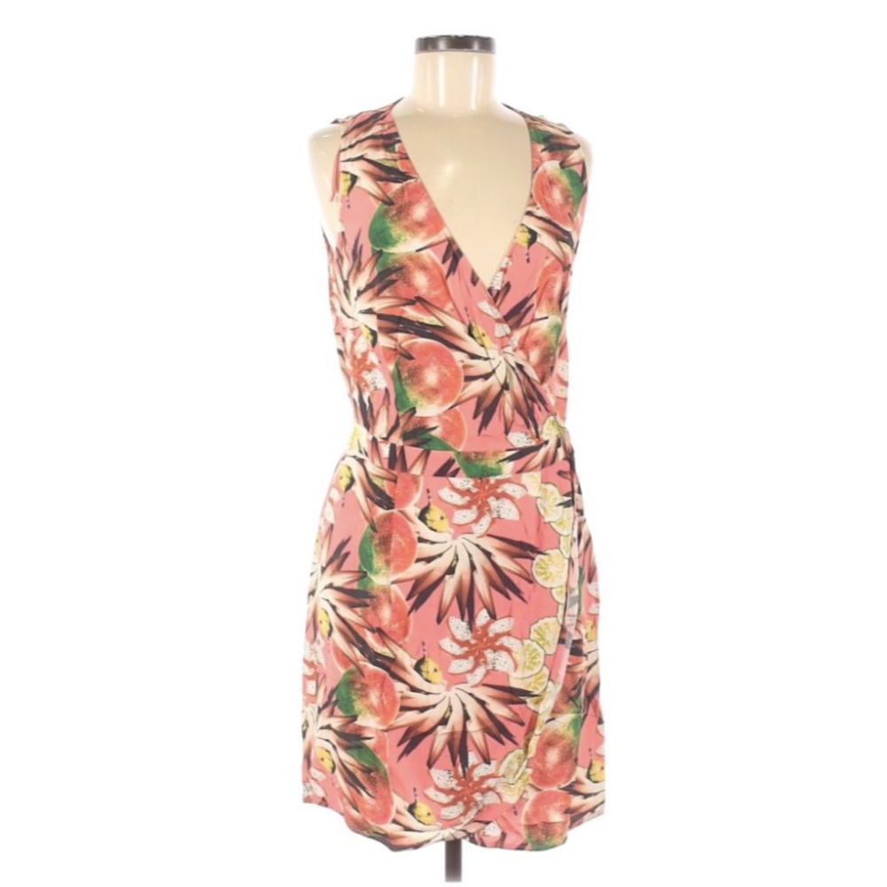 & Other Stories Tropical Fruit Wrap Dress Coral Pink Sleeveless V Neck Mangoes 8